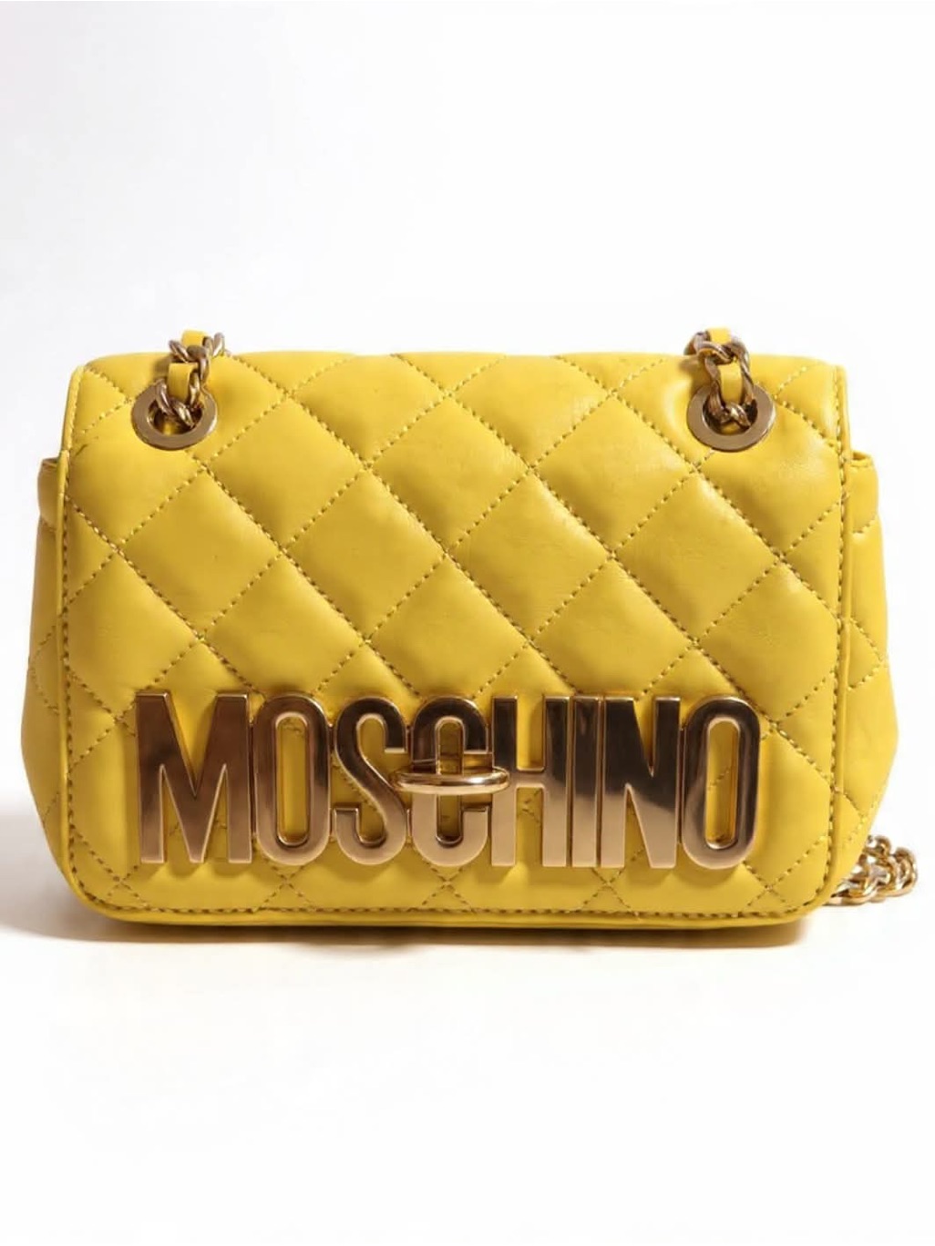 Moschino Yellow Quilted Logo Chain Crossbody Bag